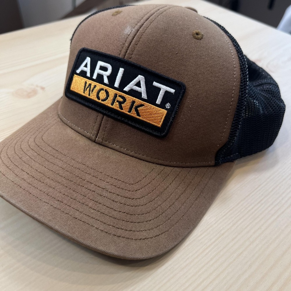 Ariat Work Hat Cap Snap Back Mens One Size Brown Black Mesh Trucker Patch Logo
